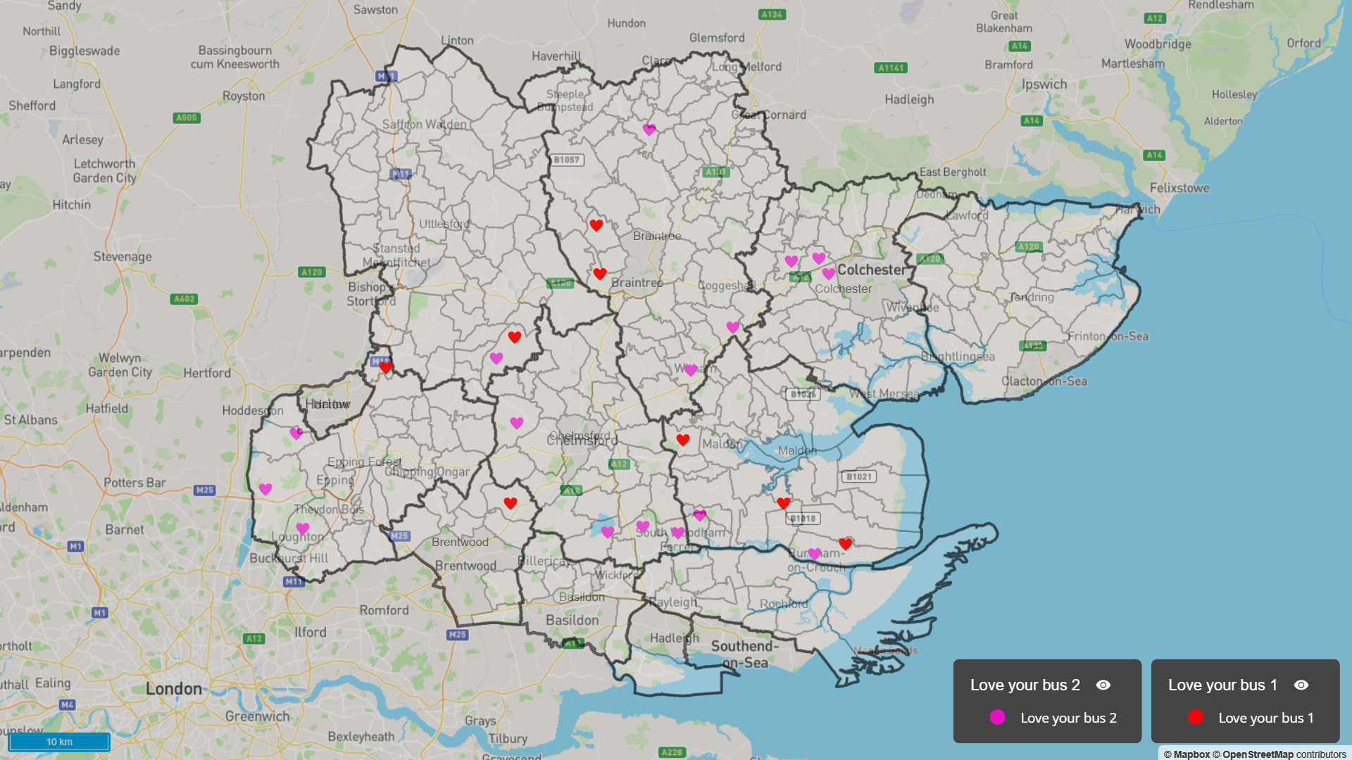Map of Areas Receiving Love Your Bus 2 Funding